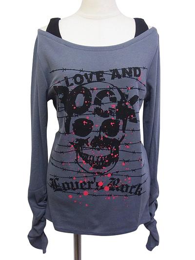 Barbed Wire Skull Shirring Long Sleeve T-Shirt / SUPER LOVERS